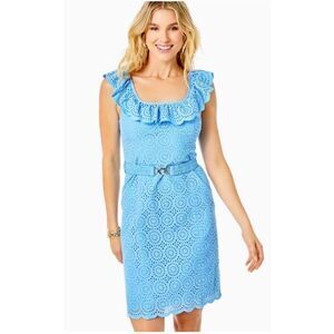 LILLY PULITZER Size 2 Ryann Belted Eyelet Sheath Dress Frenchie Blue $258